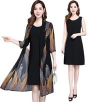 Chiffon Dress Set Summer Women Sunscreen Jacket Mother Cardigan  Elegant Lace Dress Suit XXS black