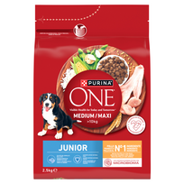 PURINA ONE Junior Medium/Maxi šuniukų maistas, turtingas vištiena ir ryžiais, 2,5 kg