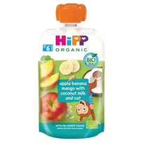 Ekologiška obuolių, bananų, mango tyrelė su kokosų kremu bei avižomis HiPP, 100 g