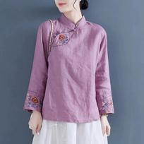 Chinese Style Traditional Clothing Mandarin Collar Embroidered Cotton Linnen Modern Retro Hanfu Shirt Chinese Top Women XXXXL mėlyna