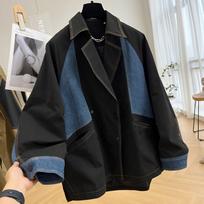 Moteriška pavasarinė/rudeninė džinsinė striukė su švarko detalėmis, ilgomis rankovėmis, oversized vėjo striukė XS