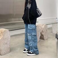 Daugiakišenės mėlynos skalbtos krovininės kelnės Retro High Street Fashion džinsai aukštu juosmeniu Pora Harajuku Paprastos laisvalaikio plačios kelnės XXL mėlyna