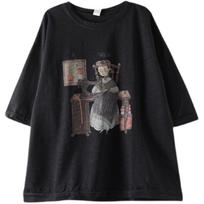 Vasariniai marškinėliai medvilniniai laisvi trumpomis rankovėmis Retro Large Yards marškinėliai Design Sense Niche Literary Print Tops 3XL juoda