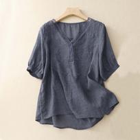 Vintažiniai medvilnės ir lino marškiniai moterims Vasariniai ploni V formos iškirpte trumpomis rankovėmis Marškiniai Laisvi kasdieniniai megztiniai Blusas Viršus Boho T-shirt Gatvės stilius XXL gray