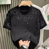 Vasarinis su cirkonio kniedėmis T-shirt vyrams Drabužiai Apvalus kaklas Laisvalaikio T-shirt Mada Aukštosios gatvės Vyriški vasariniai trumpos rankovės XS balta
