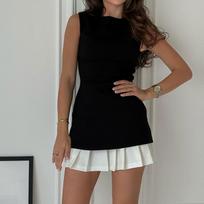 Women Fashion Slim Sleeveless Vestido Lady Office Commute High Street Mini Dress Elegant Patchwork Pleated Short Dress XS juoda