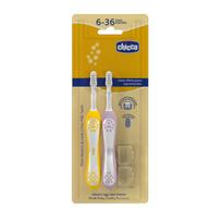 Dantų šepetėlių rinkinys „Chicco First Milk Teeth“ 6–36 mėn., itin minkšti šereliai, 2 vnt.