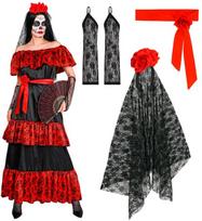 "MUJER DIA DE LOS MUERTOS" (suknelė, rožinis diržas, pirštinės be pirštų, gėlių šydas)