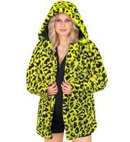 Karnavalinio kostiumo priedas, paltas su gobtuvu, Widmann, neoninis geltonas leopardo raštas, pliušinis