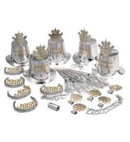 „SILVER BONNE ANNÉE“ VAKARĖLIO RINKINYS 10 asmenų (5 cilindrai, 5 karūnos, 5 trimitai, 5 trimitai, 1 ritinėlis su 10 dekoratyvinių serpentinų)