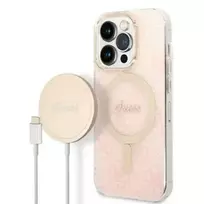 GUESS 4G MagSafe Compatible Case + Wireless Charger for iPhone 14 Pro, Pink