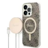 GUESS 4G MagSafe Compatible Case + Wireless Charger for iPhone 14 Pro Max in Brown