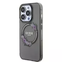 GUESS PC|TPU Flowers Ring Glossy Logo MagSafe Case for iPhone 15 Pro, Black