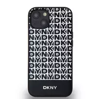 DKNY PU Leather Repeat Pattern Bottom Stripe MagSafe Case for iPhone 14, Black