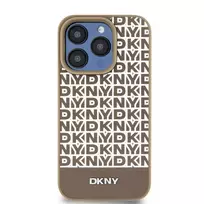 DKNY PU Leather Repeat Pattern Bottom Stripe MagSafe Case for iPhone 14 Pro, Brown