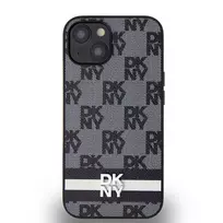 DKNY PU Leather Checkered and Stripe Case for iPhone 14, Black