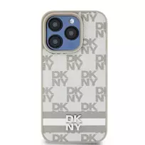 DKNY PU Leather Checkered and Stripe Case for iPhone 14 Pro, Beige