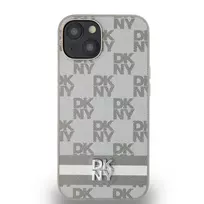 DKNY PU Leather Checkered and Stripe Case for iPhone 14 in Beige