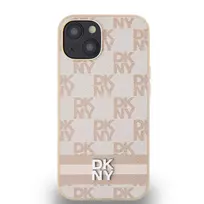 DKNY PU Leather Checkered and Stripe Case for iPhone 13, Pink