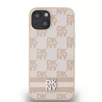 DKNY PU Leather Checkered and Stripe Case for iPhone 14, Pink