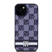 DKNY PU Leather Checkered and Stripe Case for iPhone 15, Blue