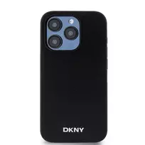 DKNY PU Leather Silver Metal Logo Magsafe Case for iPhone 15 Pro Max, Black