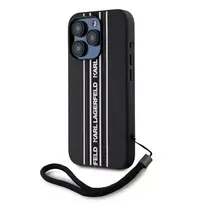Karl Lagerfeld PU Saffiano Athleisure Stripe and Strap Case for iPhone 15 Pro in Pink