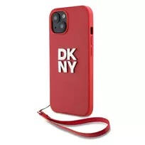 DKNY PU Leather Stacked Logo Wrist Strap Case for iPhone 14, Red