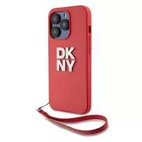 DKNY PU Leather Stacked Logo Wrist Strap Case for iPhone 14 Pro, Red