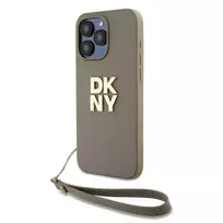 DKNY PU Leather Stacked Logo Wrist Strap Case for iPhone 14 Pro Max, Beige