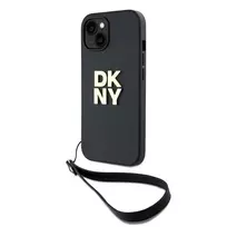 DKNY PU Leather Stacked Logo Wrist Strap Case for iPhone 13, Black