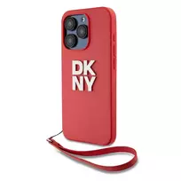 DKNY PU Leather Stacked Logo Wrist Strap Case for iPhone 15 Pro, Red