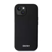 DKNY PU Leather Silver Metal Logo Magsafe Case for iPhone 13, Black