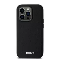 DKNY PU Leather Silver Metal Logo Magsafe Case for iPhone 14 Pro, Black