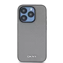 DKNY PU Leather Silver Metal Logo Magsafe Case for iPhone 14 Pro in Grey