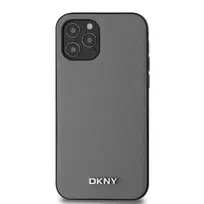 DKNY PU Leather Silver Metal Logo Magsafe Case for iPhone 12|12 Pro in Grey