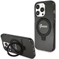 GUESS Ring Stand Script Glitter MagSafe case for iPhone 15 Pro - black