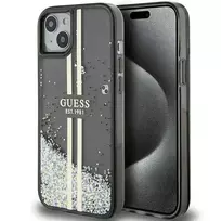 GUESS Liquid Glitter Gold Stripes case for iPhone 15 Plus | 14 Plus - Black