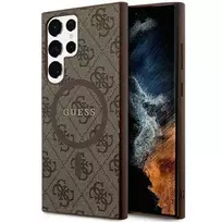 GUESS 4G Collection Leather and Metal Logo MagSafe Case for Samsung Galaxy S24 Ultra - Brown