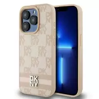DKNY Leather Checkered Mono Pattern  AND  Printed Stripes Case for iPhone 15 Pro Max - pink