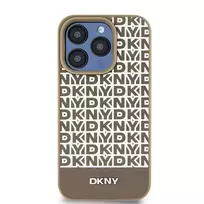 DKNY Leather Printed Pattern Metal Logo MagSafe Case for iPhone 15, 14, 13 - Brown