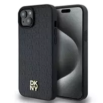 DKNY Leather Pattern Metal Logo MagSafe Case for iPhone 15, 14, 13 - Black