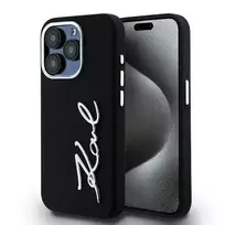 Karl Lagerfeld Silicone Metal Script Logo Case for iPhone 15 Pro – Black