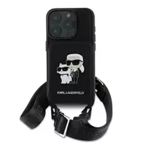 Karl Lagerfeld Saffiano Crossbody Strap, Karl and Choupette Case for iPhone 16 Pro, Black