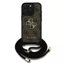 GUESS PU 4G Metal Logo Crossbody Strap Case for iPhone 15 Pro Max, Brown
