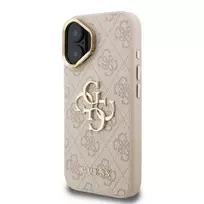GUESS PU 4G Metal Logo Stand Camera Frame Case for iPhone 16 in Pink