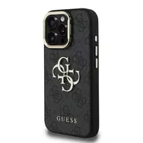 GUESS PU 4G Metal Logo Stand Camera Frame Phone Case for iPhone 16 Pro, Black