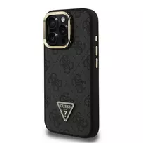 GUESS PU 4G Rhinestone Triangle Logo Stand Camera Frame MagSafe Case for iPhone 15 Pro Max Black