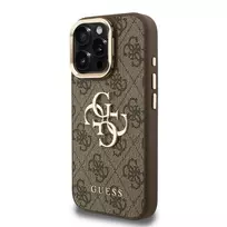 GUESS PU 4G Metal Logo Stand Camera Frame Case for iPhone 15 Pro, brown