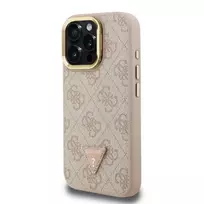 GUESS PU 4G Rhinestone Triangle Logo Stand Camera Frame MagSafe Case for iPhone 15 Pro Max, Pink